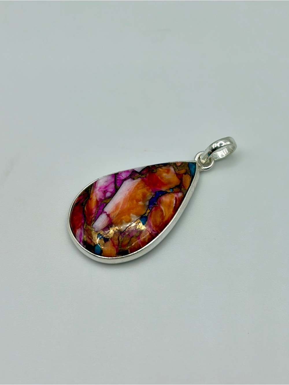 925 Sterling Silver Pink Dahlia Turquoise Pendant - Picture 7 of 9